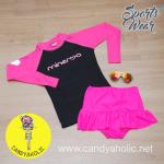 [Size S,M] ชุดว่ายน้ำ แขนยาว รุ่น Minerva (สีดำแขนสีชมพู) และ กระโปรงระบายล่าง