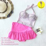(free size) ชุดว่ายน้ำ ทูพีช ลายเสือดาวสีชมพู บราเป็นแบบสวมเต็มตัวไม่โป้ กระโปรงสีดำ