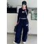 เสื้อแขนยาวสีกรมแถบข้าง+กางเกงขายาว