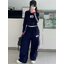 เสื้อแขนยาวสีกรมแถบข้าง+กางเกงขายาว