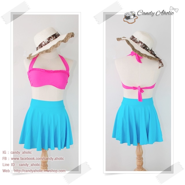 (Size S,M,L) ชุดว่ายน้ำทูพีช บราสีฟ้า ผูกหลัง กระโปรงฟ้า (มีไซด์ใหญ่) ชุดว่ายน้ำ บิกินี่ MIX-010