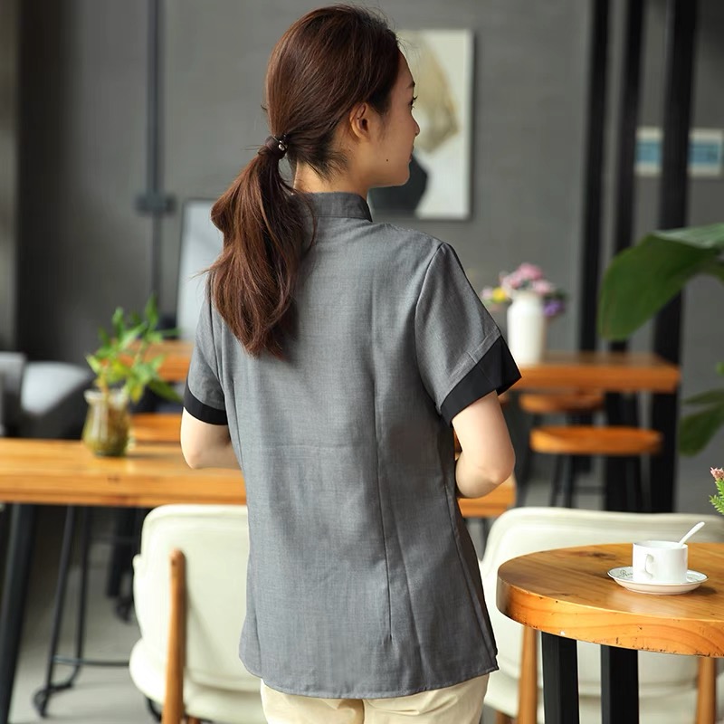 เสื้อฟอร์มพนักงานร้านอาหารกาแฟโรงแรม แขนสั้น เทา L-4XL FL6708001 เสื้อ* ขั้นต่ำ 2 ตัว