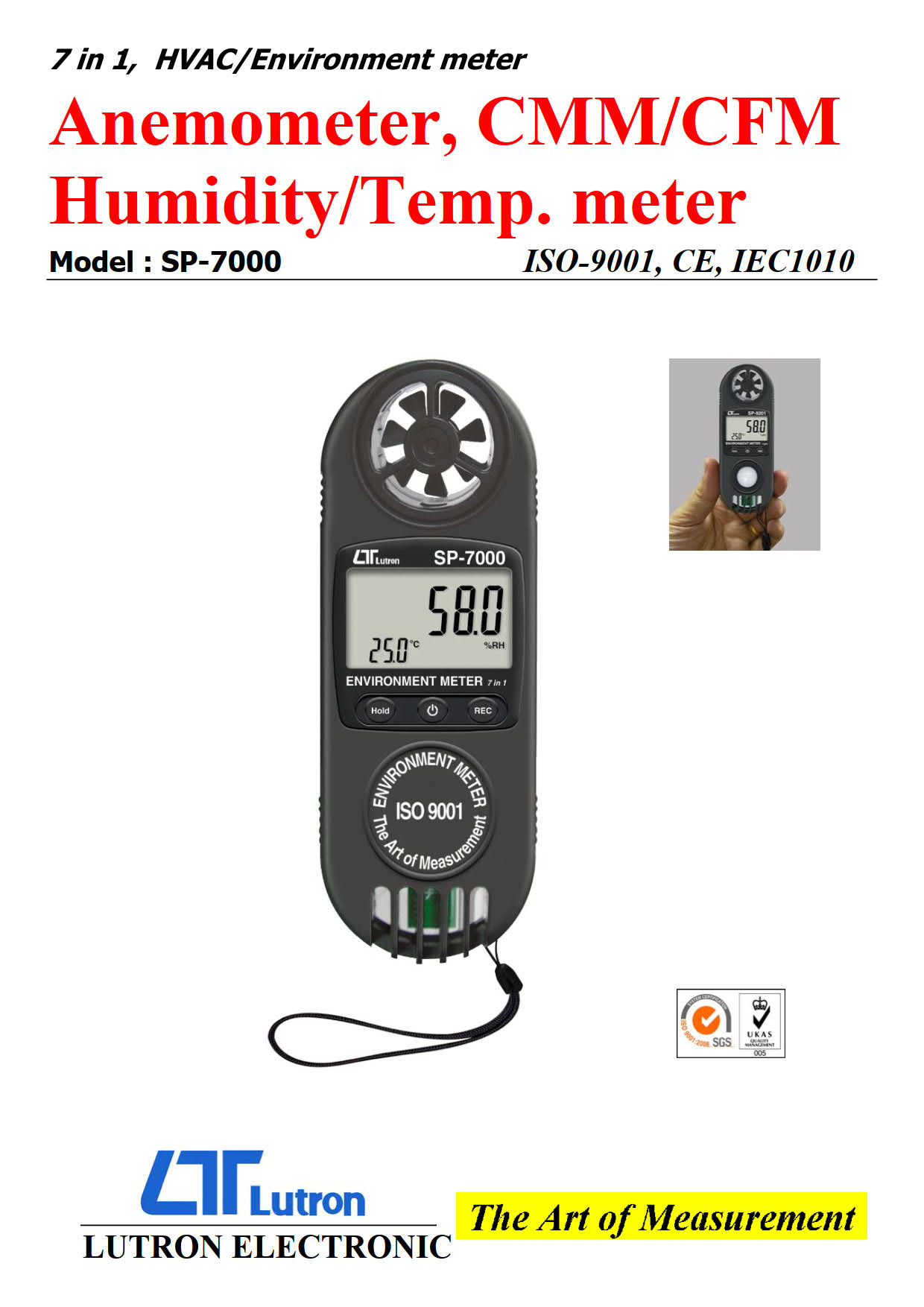 Lutron รุ่นSP-7000เครื่องวัดความเร็วลมมัลติฟังชั่น(7-in-1),Air velocity/Temp,Humidity/Temp, Air flow,Dew point,Wet bulb,Wind chill,Heat index.