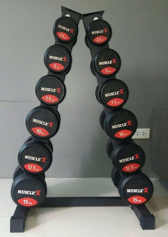 ดัมเบลเหล็กหุ้มยางพร้อมชั้นวางMuscleX 6 คู่ ทรงA