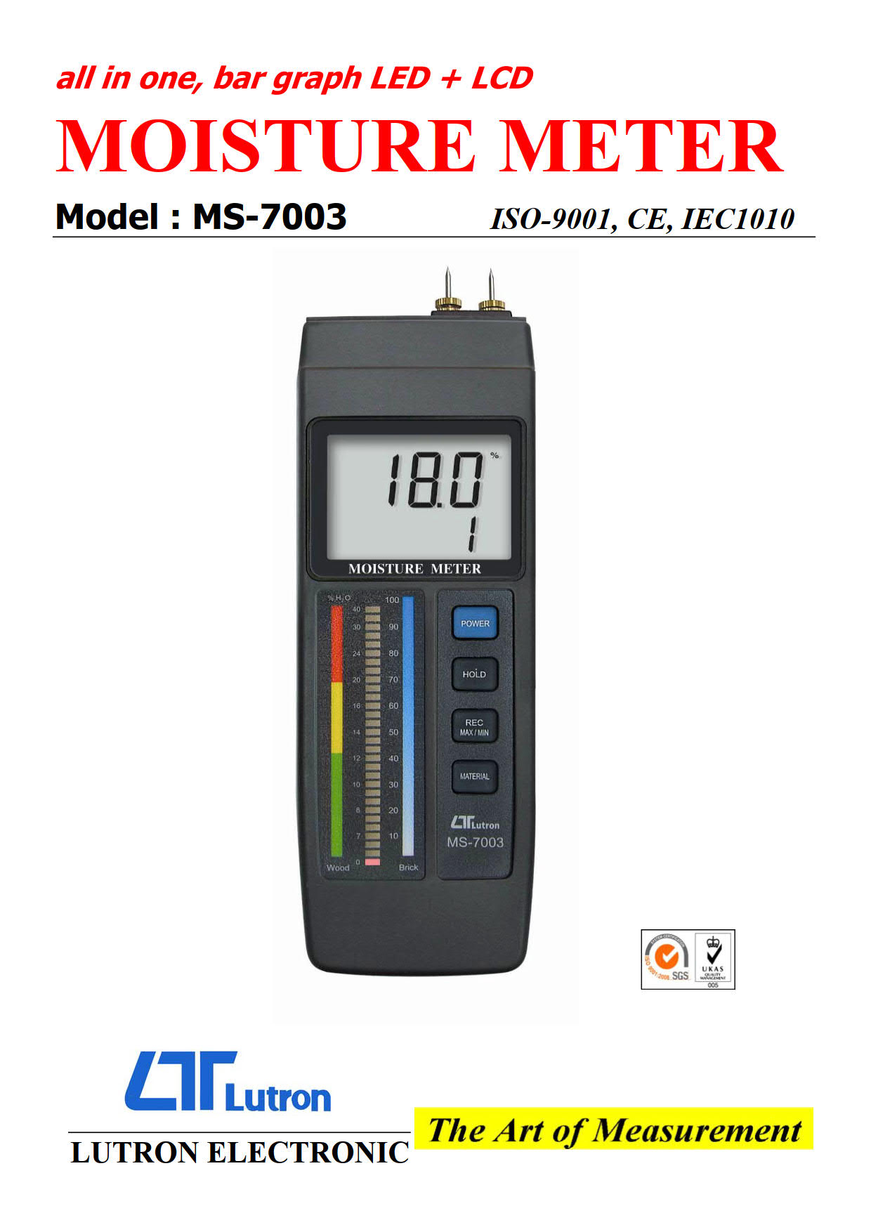 Lutron รุ่น MS-7003 เครื่องวัดความชื้นสำหรับไม้และคอนกรีต Concrete & Wood Moisture Meter 0-100% LCD & LED Bar Display