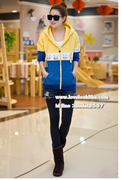 KW6011002 เสื้อกันหนาวสวมหัวซิปหน้า มีฮูดอบอุ่นมากแต่งรูปแมวน่ารัก (พร้อมส่ง) เหลือง,ชมพู L,XL KW6011002 ตัว