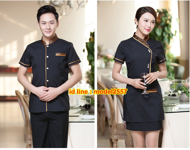 F6103007 เสื้อฟอร์มพนักงานร้านอาหารกาแฟโรงแรม แขนสั้นผ้าฝ้ายคอจีน แดง,ดำ,ม่วง L,XL,XXL,3XL F6103007 ตัว
