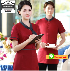 เสื้อพนักงานต้อนรับ เสื้อพนักงานเสริฟ เสื้อพนักงานโรงแรม เสื้อพนักงานร้านอาหาร เสื้อพนักงานร้านกาแฟ ดำ ขาว แดง L,XL,XXL,3XL,4XL F6607001 เสื้อ+ผ้ากันเปื้อน