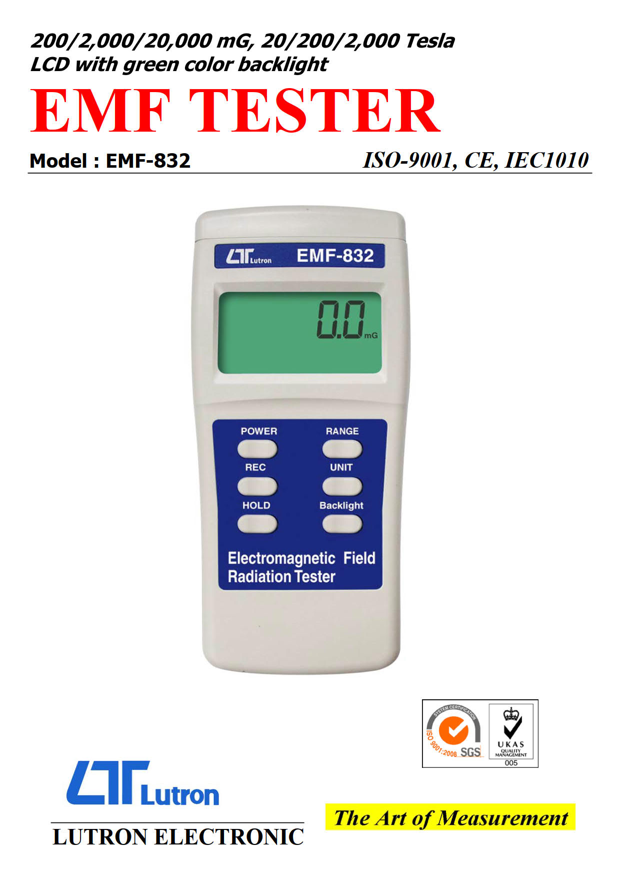 Lutron รุ่นEMF-832เครื่องวัดคลื่นแม่เหล็กไฟฟ้าแบบตัวเลขดิจิตัล,Electromagnetic Field Radiation Level Meter EMF TESTER