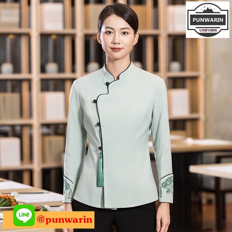 ชุดพนักงานภัตตาคารร้านอาหารจีนโรงน้ำชา แขนยาว สีภาพ L,XL,XXL,3XL,4XL,5XL FA6510006 ตัว **2 ตัวขึ้นไป