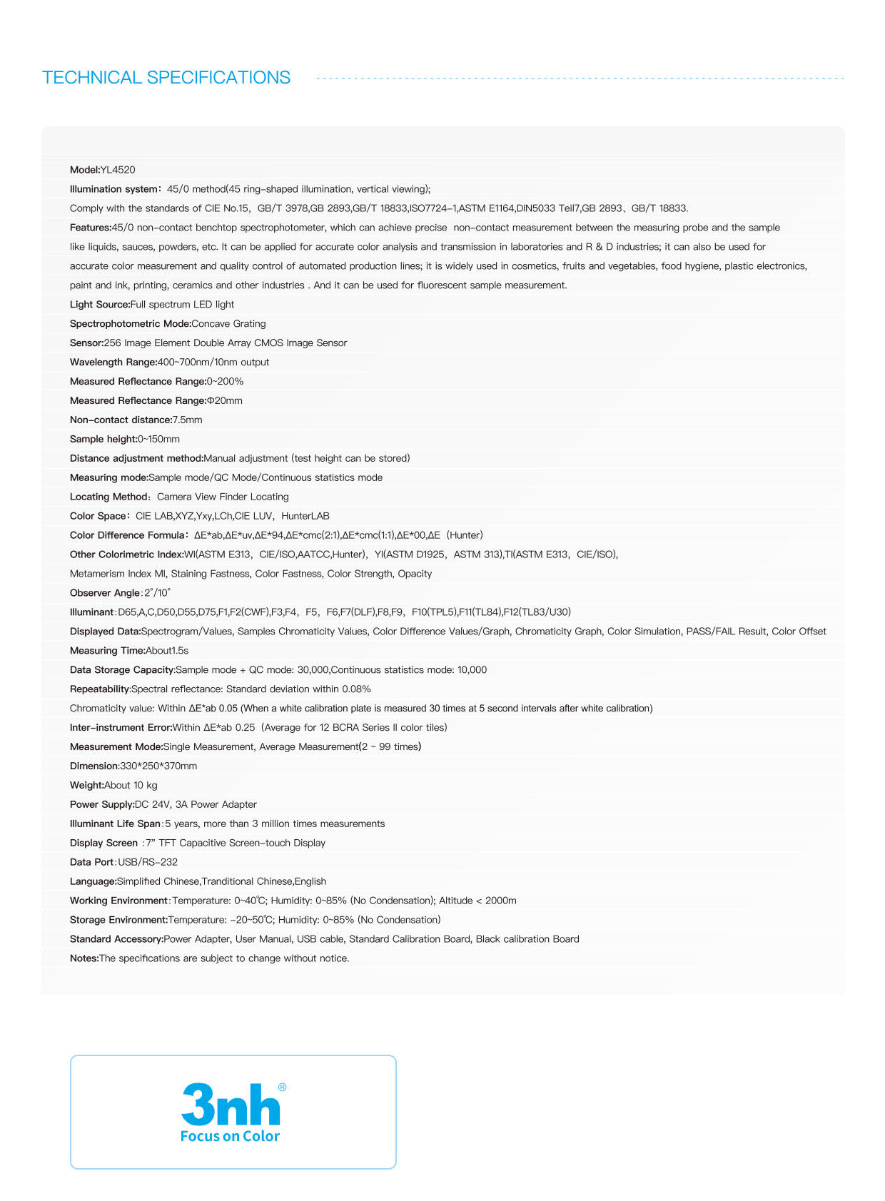 3nh รุ่นYL4520/(Manual)เครื่องสเปกโทรโฟโตมิเตอร์วัดชิ้นงานแบบไม่สัมผัสNon-Contact Color Meter Testing for Wet Dry Samples/Aperture:20mm,Geometry:45/0