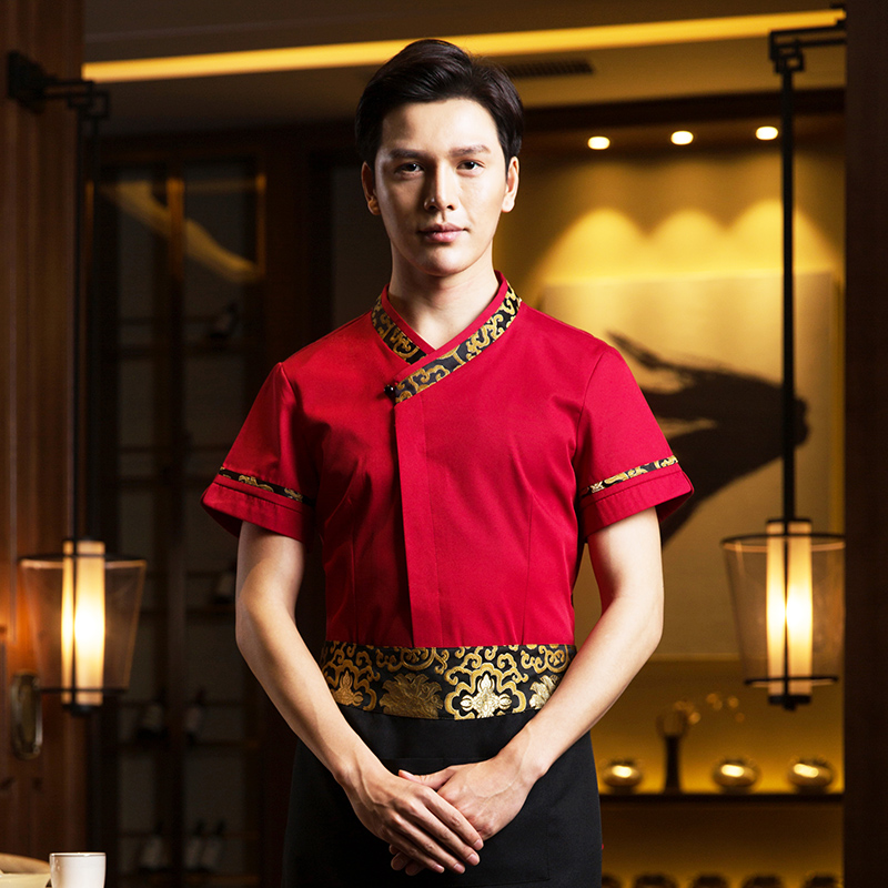 เครื่องแบบชุดฟอร์มพนักงานร้านอาหารกาแฟโรงแรม แขนสั้นและแขนยาวผ้าฝ้ายคอจีน ดำ แดง S-3XL F6302006 เสื้อ+กันเปื้อน