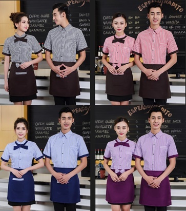 เสื้อพนักงานต้อนรับ เสื้อพนักงานโรงแรม เสื้อฟอร์มพนักงาน ชุดฟอร์มพนักงาน ลายทางคอปกเชิ้ต ฟ้า ม่วง น้ำตาล ส้ม L-3XL F6302004 เสื้อ+กันเปื้อน