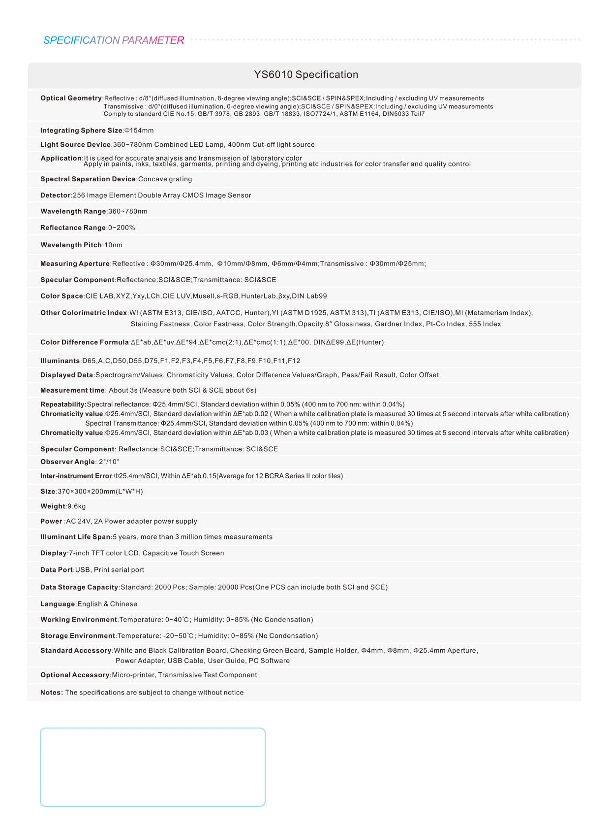 3nh รุ่นYS6010เครื่องวัดสีเเบบตั้งโต๊ะBenchtop Color Haze Meter/Single Aperture:Ø25.4mm(Wavelength Range360～780nm:10nm)