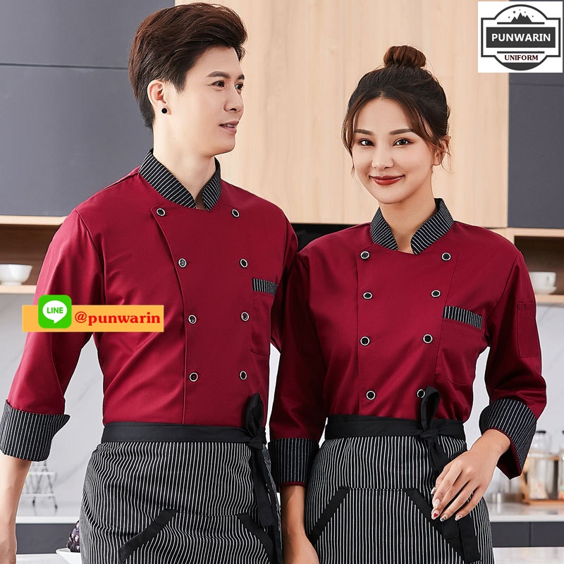 เสื้อเชฟ เสื้อพ่อครัว เสื้อแม่ครัว เสื้อพนักงานทำอาหาร เสื้อกุ๊ก แขนยาวและสั้น ภาพ M-4XL C6602001 เสื้อ+เปื้อน **2 ตัวขึ้นไป