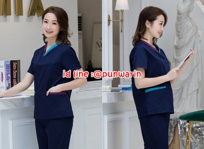 ชุดฟอร์มพนักงานสำเร็จรูป ชุดหมอผ่าตัด ชุดพยาบาลห้องผ่าตัด เอวยางยืด สีกรมท่า S-2XL TK6302012 ชุด