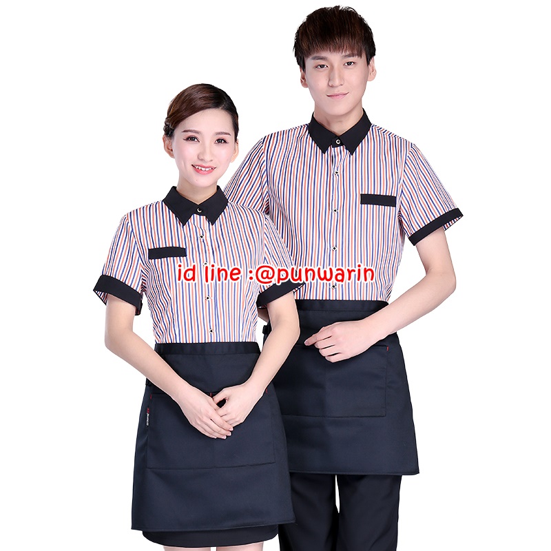 เสื้อพนักงานต้อนรับ เสื้อพนักงานโรงแรม เสื้อฟอร์มพนักงาน ชุดฟอร์มพนักงาน ลายทางคอปกเชิ้ต ส้ม ดำ เขียว M-3XL F6302001 เสื้อ+กันเปื้อน