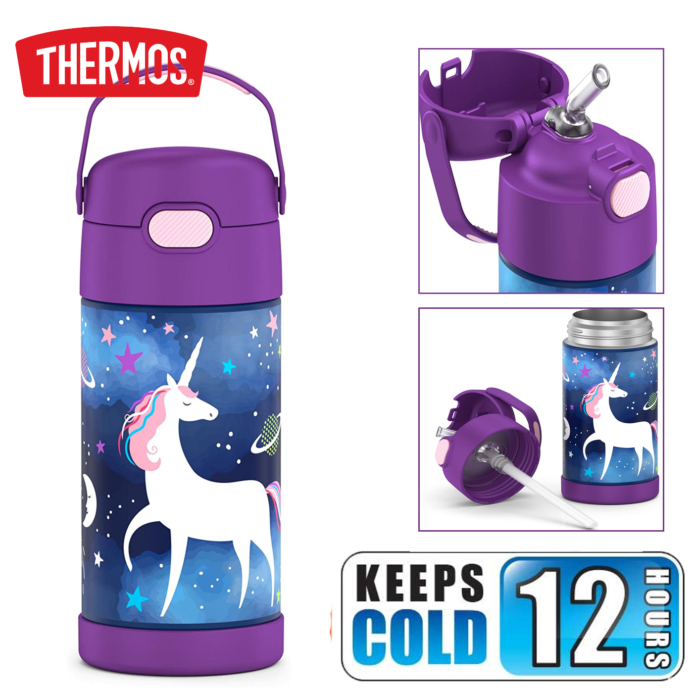 กระติกดูดน้ำแตนเลสหุ้มฉนวนสุญญากาศยี่ห้อ Thermos ของแท้ขนาด 12 ออนซ์ ลาย Space Unicorn ราคา 990 - บาท