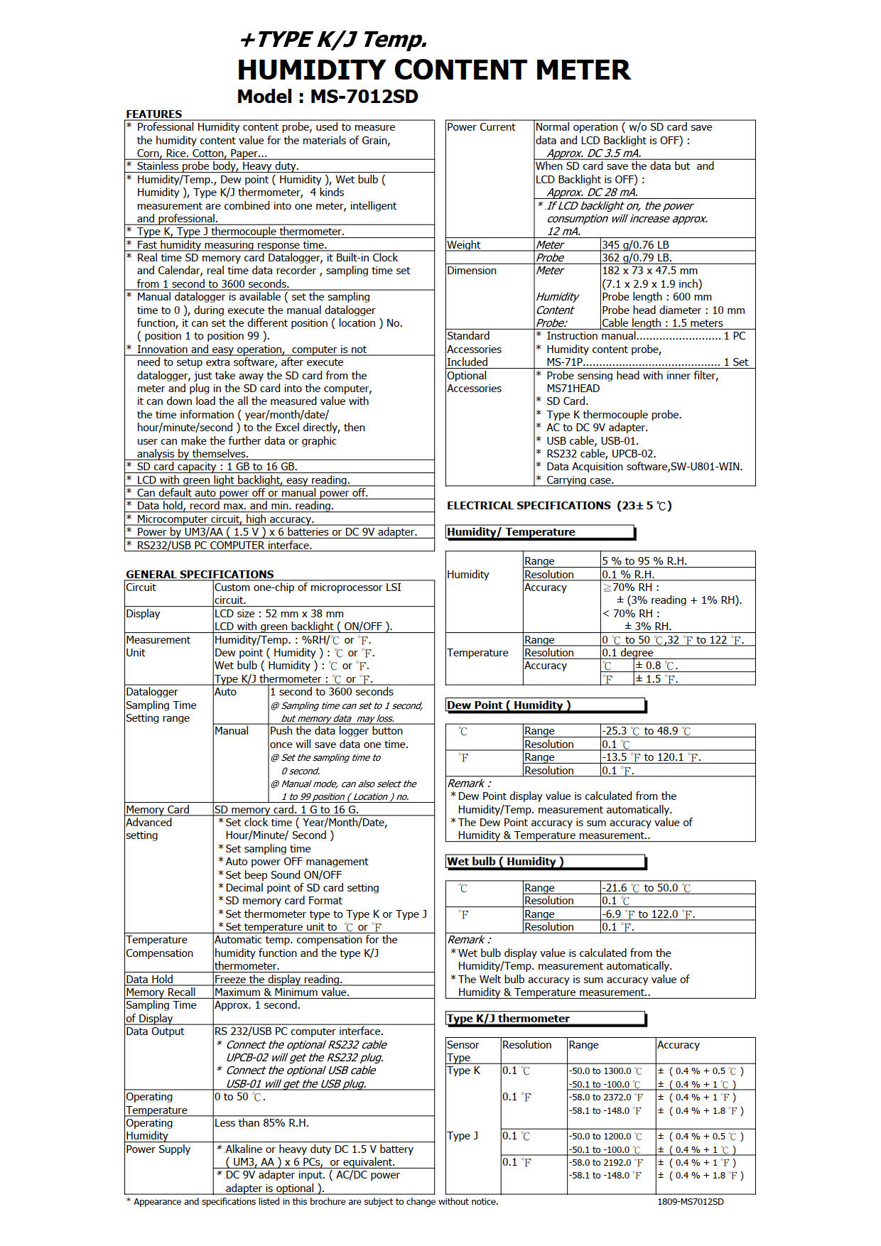 Lutron รุ่นMS-7012SDเครื่องวัดและบันทึกค่าความชื้น,Humidity&moisture meter for grains,humidity content:5%～95%RH