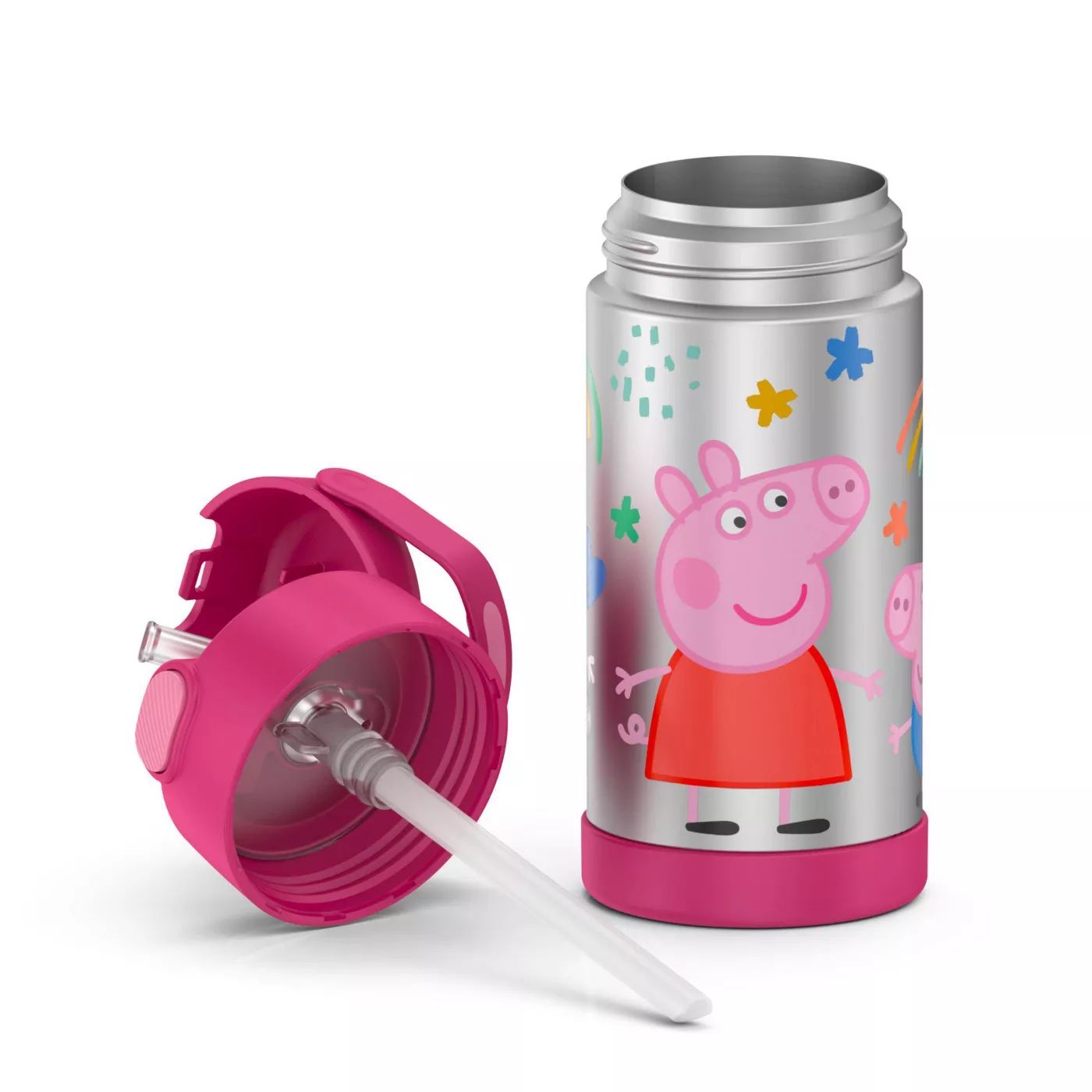 New กระติกน้ำเก็บความเย็น มีหูหิ้ว Peppa Pig Pink Thermos Vacuum Insulated Stainless Steel 12 Ounce Funtainer with Straw