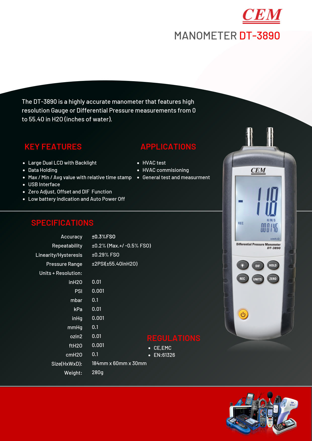 CEM รุ่น DT-3890 ความดันแตกต่างDifferential Pressure Manometers, Offset and DIF Function, USB Interface