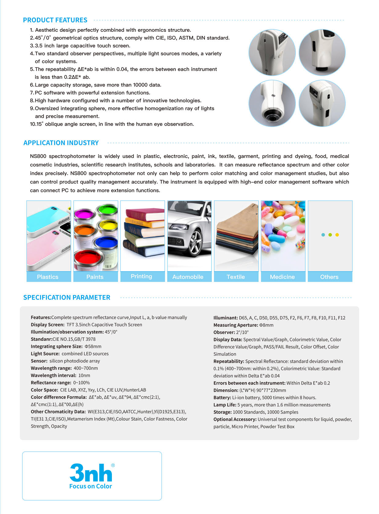 3nh รุ่นNS-800เครื่องวัดสีแบบสเปกโตรโฟโตรมิเตอร์Wavelength Range400～700nm