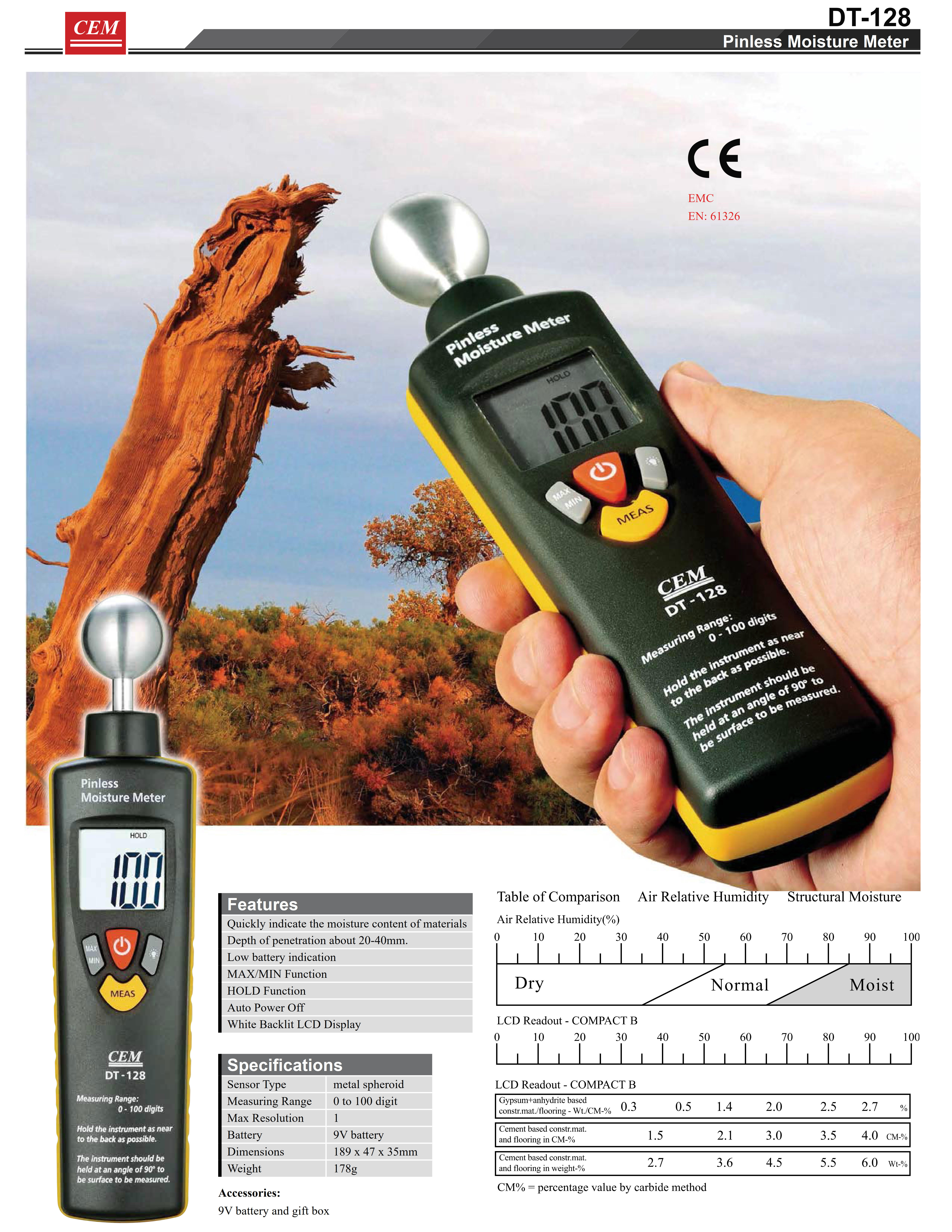 CEM รุ่นDT-128เครื่องวัดความชื้นของวัสดุก่อสร้างPinless Moisture Meter,Meas.range:0~100 digit