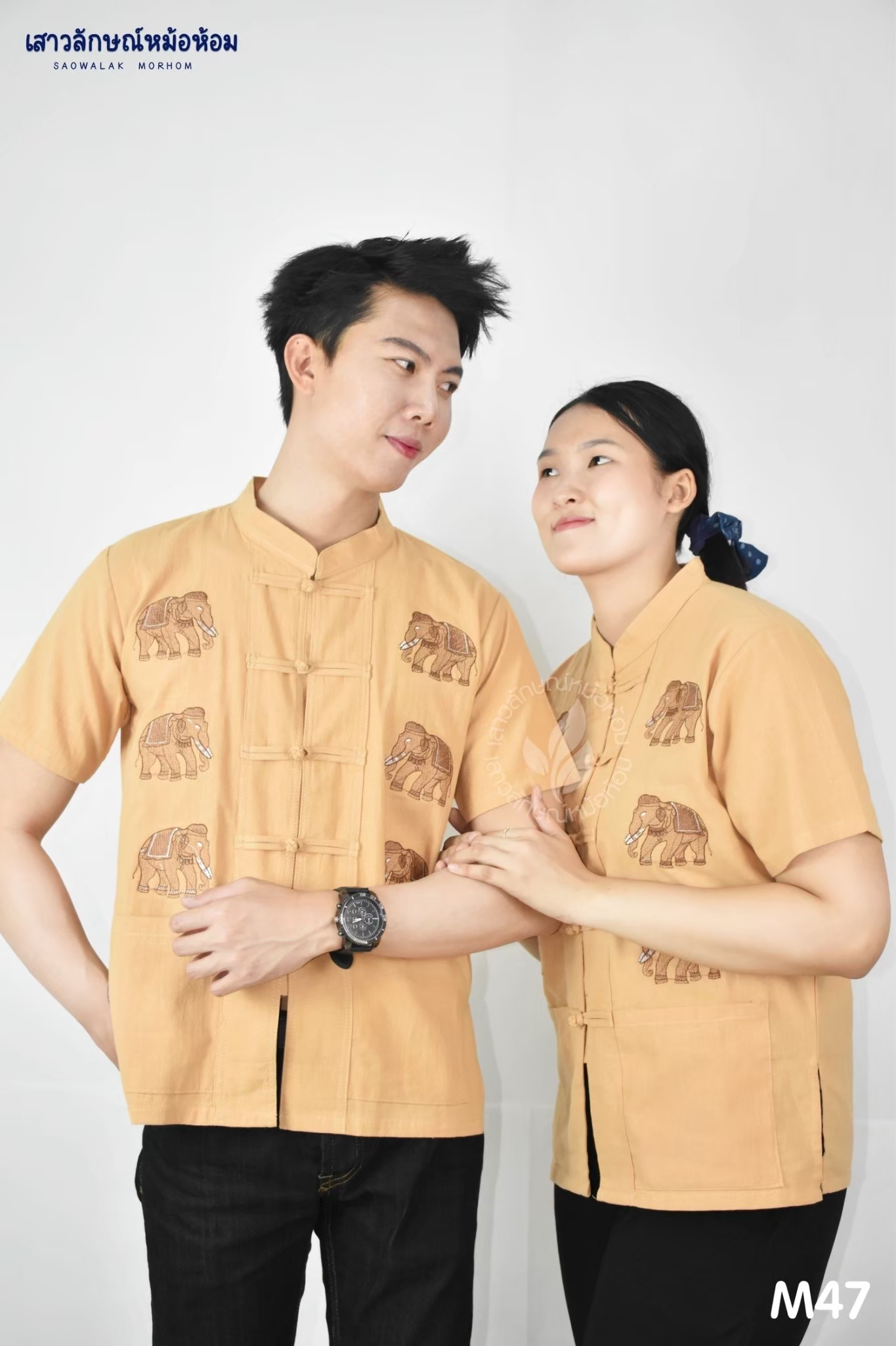 เสื้อผ้าพื้นเมือง คอจีนผ้าใส่สบายผ้านุ่ม ไม่ระคายเคืองผิวเป็นทรงตรงใส่ได้ทั้งหญิงและชาย ลายช้าง