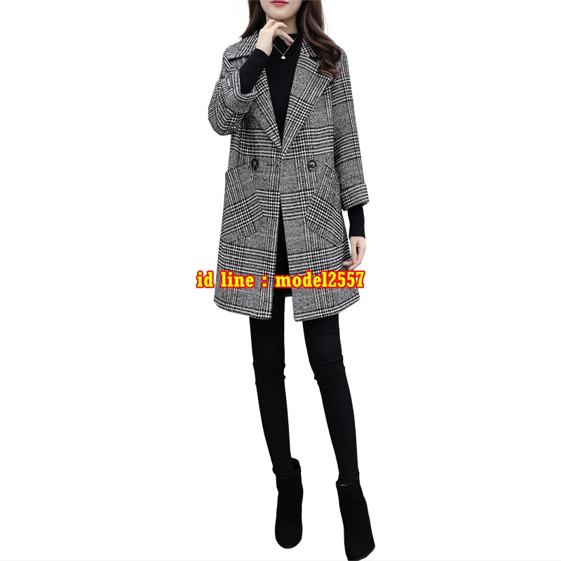 CW6110002 เสื้อโค้ทผ้าผสมขนสัตว์สีดำตัวยาวฤดูหนาว ดำ S M L XL 2XL 3XL CW6110002 ตัว