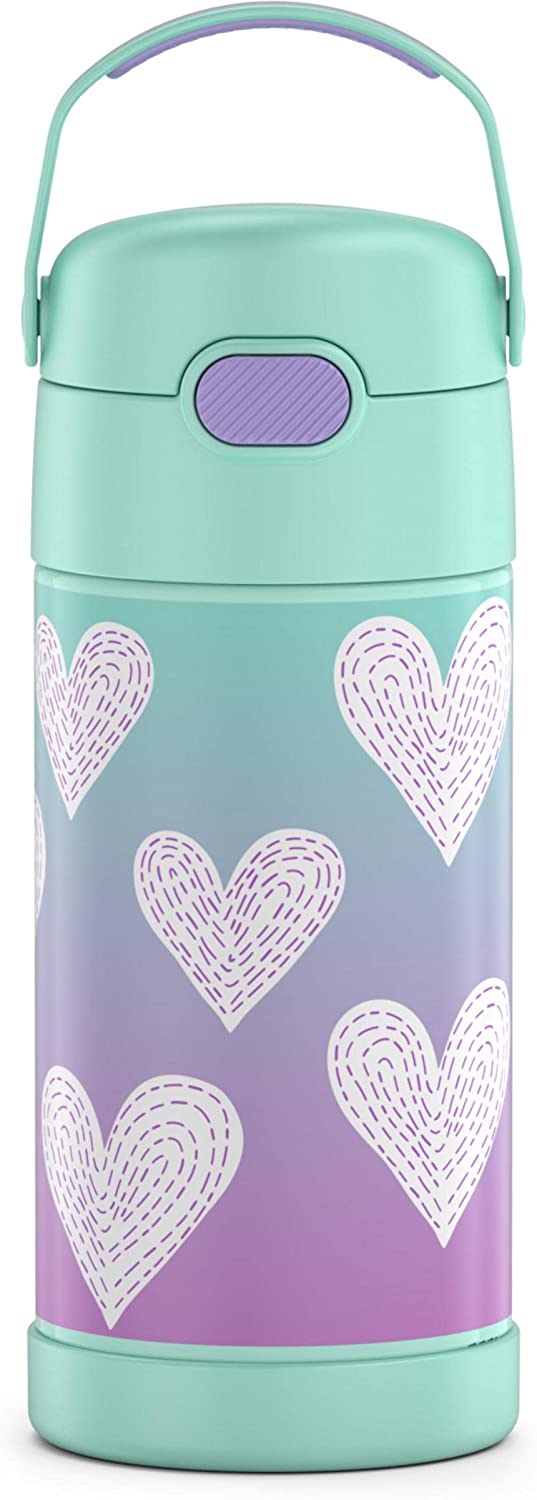 New กระติกน้ำเก็บความเย็น มีหูหิ้ว 12 Ounce Stainless Steel Vacuum Insulated Kids Straw Bottle, Purple Hearts