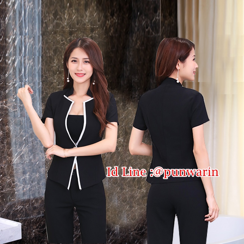 ชุดพนักงานนวดสปา ชุดพนักงานเสริมสวย ชุดทำงาน ชุดสูท ดำ แดง N6308001 ชุด