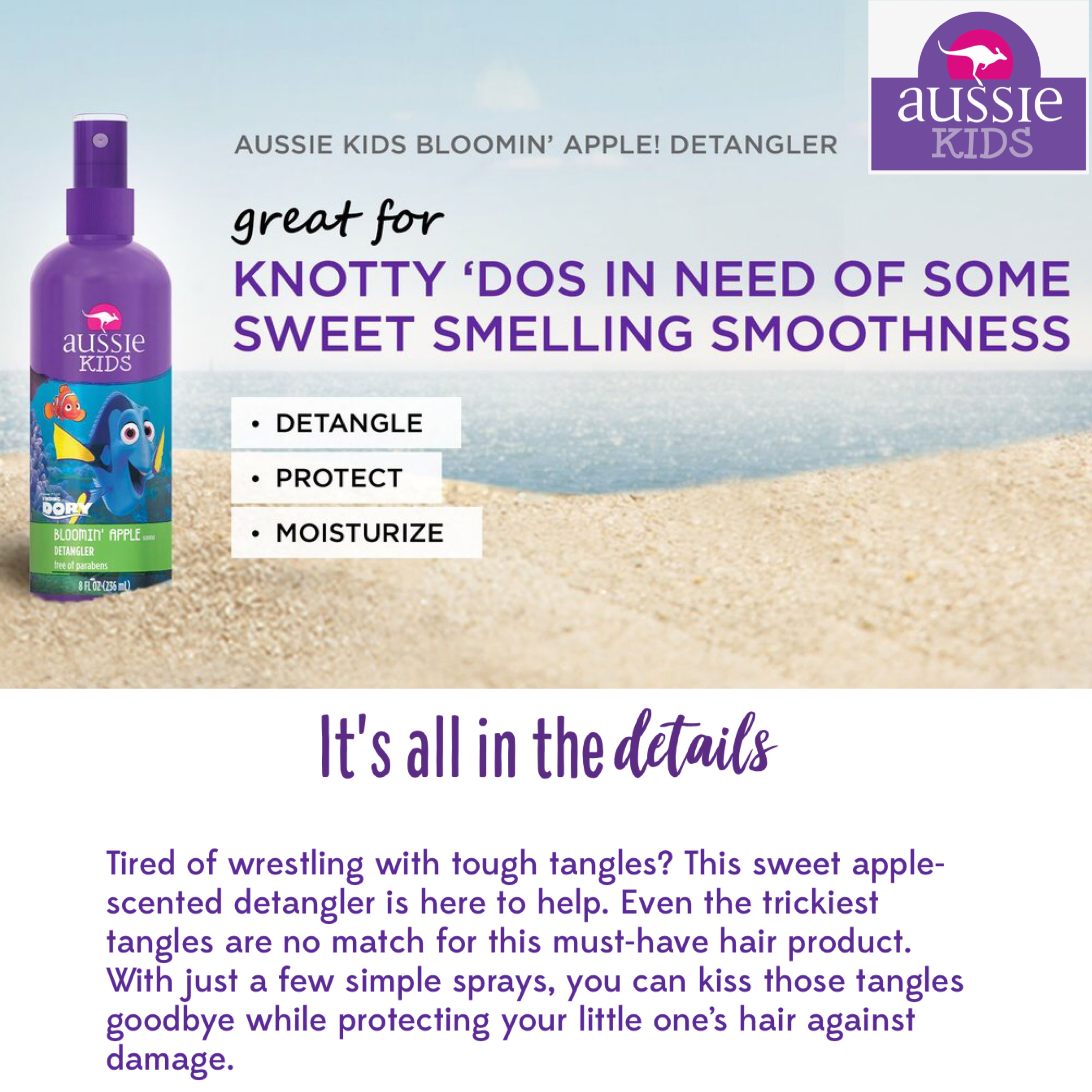 สเปรย์ป้องกันผมพันกัน Aussie Kids Bloomin' Apple Detangler, Paraben Free, 8 Fl Oz