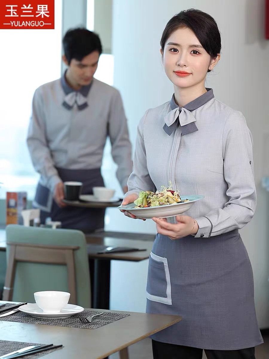 เสื้อฟอร์มพนักงานร้านอาหารกาแฟโรงแรม แขนยาว น้ำตาล เทา M-6XL F6809005 เสื้อ+เปื้อน* ขั้นต่ำ 2 ตัว
