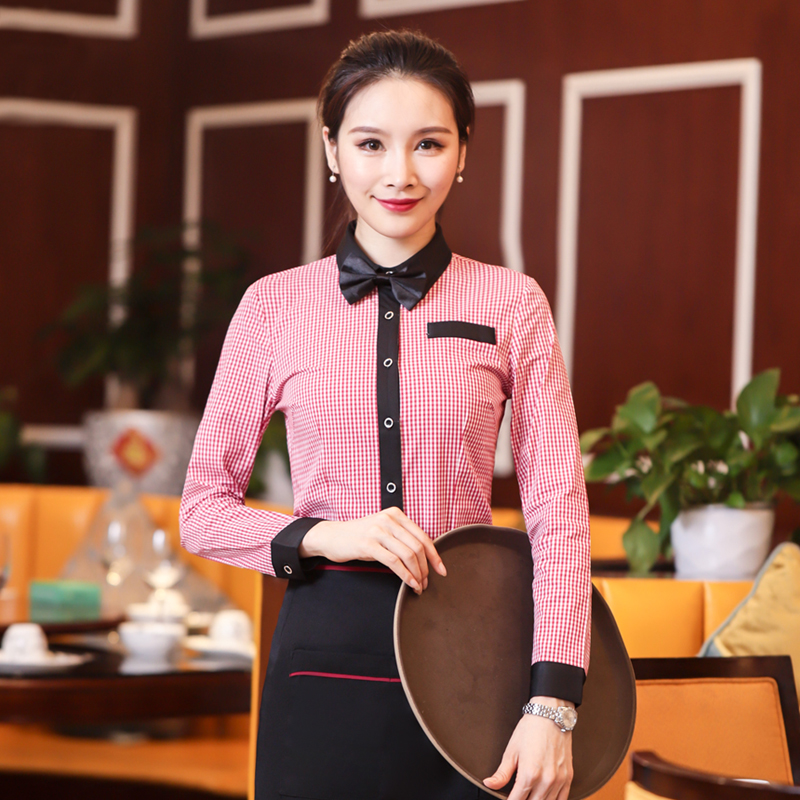 เสื้อพนักงานต้อนรับ เสื้อพนักงานเสริฟ เสื้อพนักงานโรงแรม เสื้อพนักงานร้านอาหาร เสื้อพนักงานร้านกาแฟ ชมพู S-4xl F6312001 เสื้อ+กันเปื้อน+โบว์ไทด์