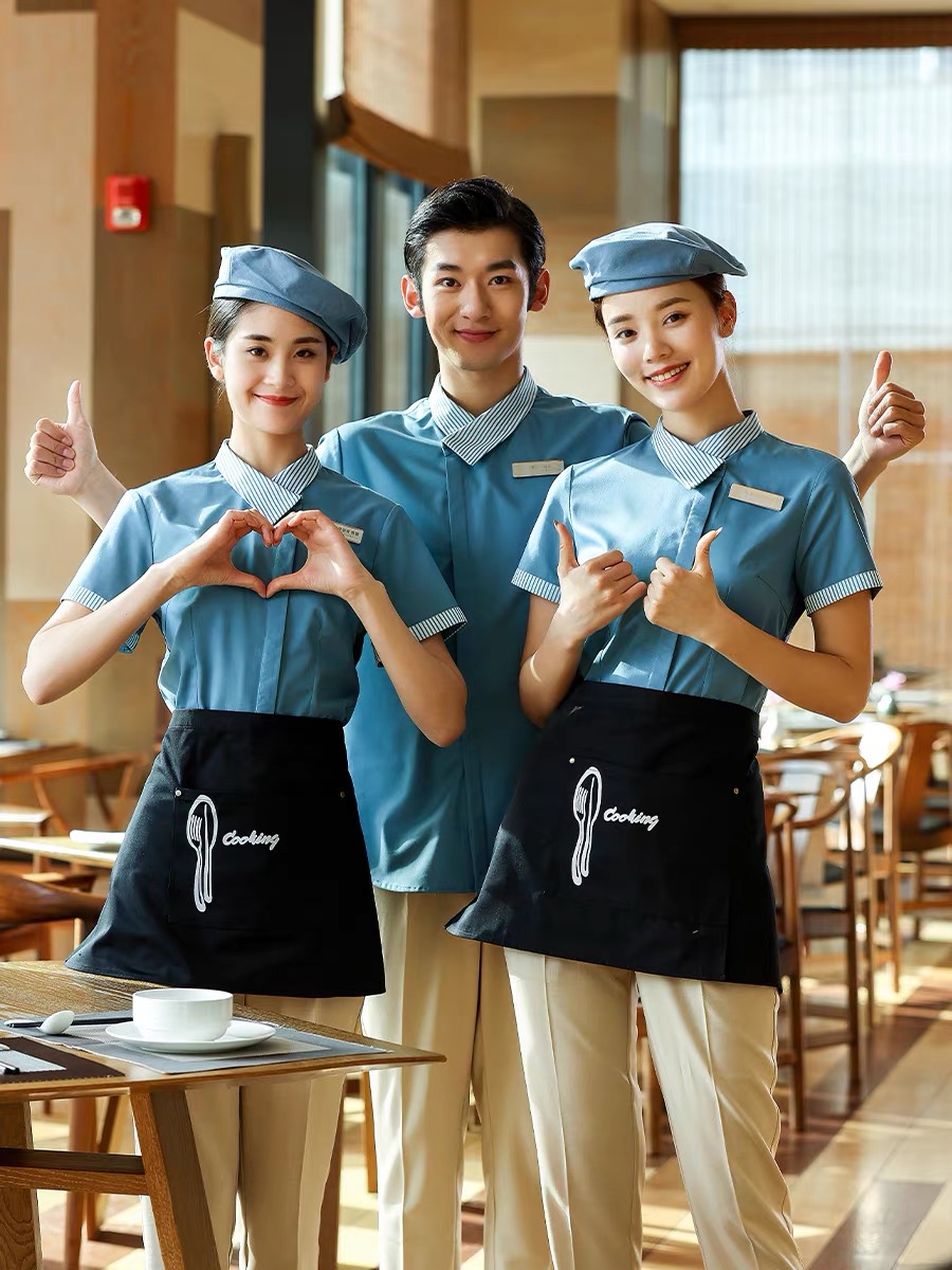 เสื้อฟอร์มพนักงานร้านอาหารกาแฟโรงแรม แขนสั้น เบจ ฟ้า S-4XL F6809002 เสื้อ+เปื้อน* ขั้นต่ำ 2 ตัว