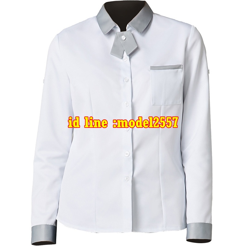 F6109001 เสื้อพนักงานต้อนรับพนักงานเสริฟเสื้อพนักงานโรงแรมนรีสอร์ทเสื้อเชิ้ตสีขาวสลับเทา ขาวขลิปเทา S M L,XL,XXL F6109001-1 ตัว