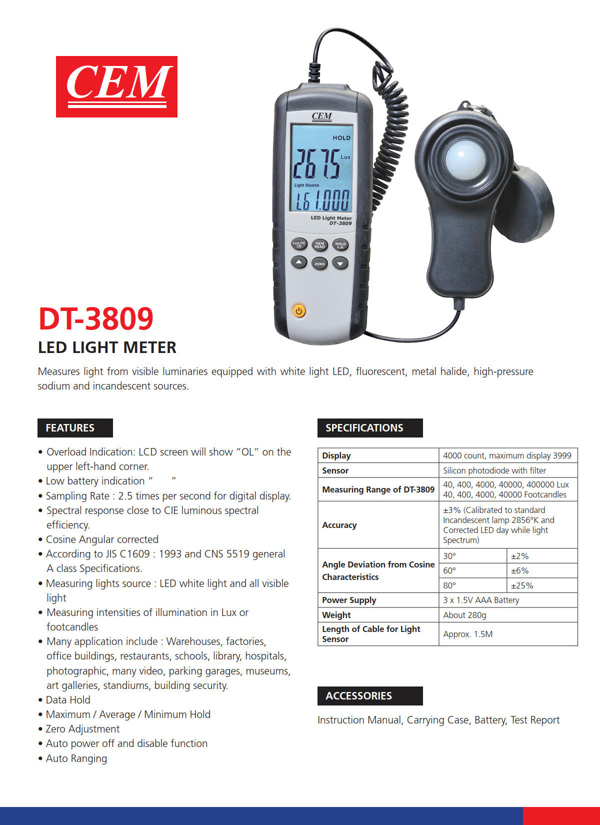 CEM รุ่นDT-3809เครื่องวัดแสง,Digital light meter,meas.range:0~400,000Lux