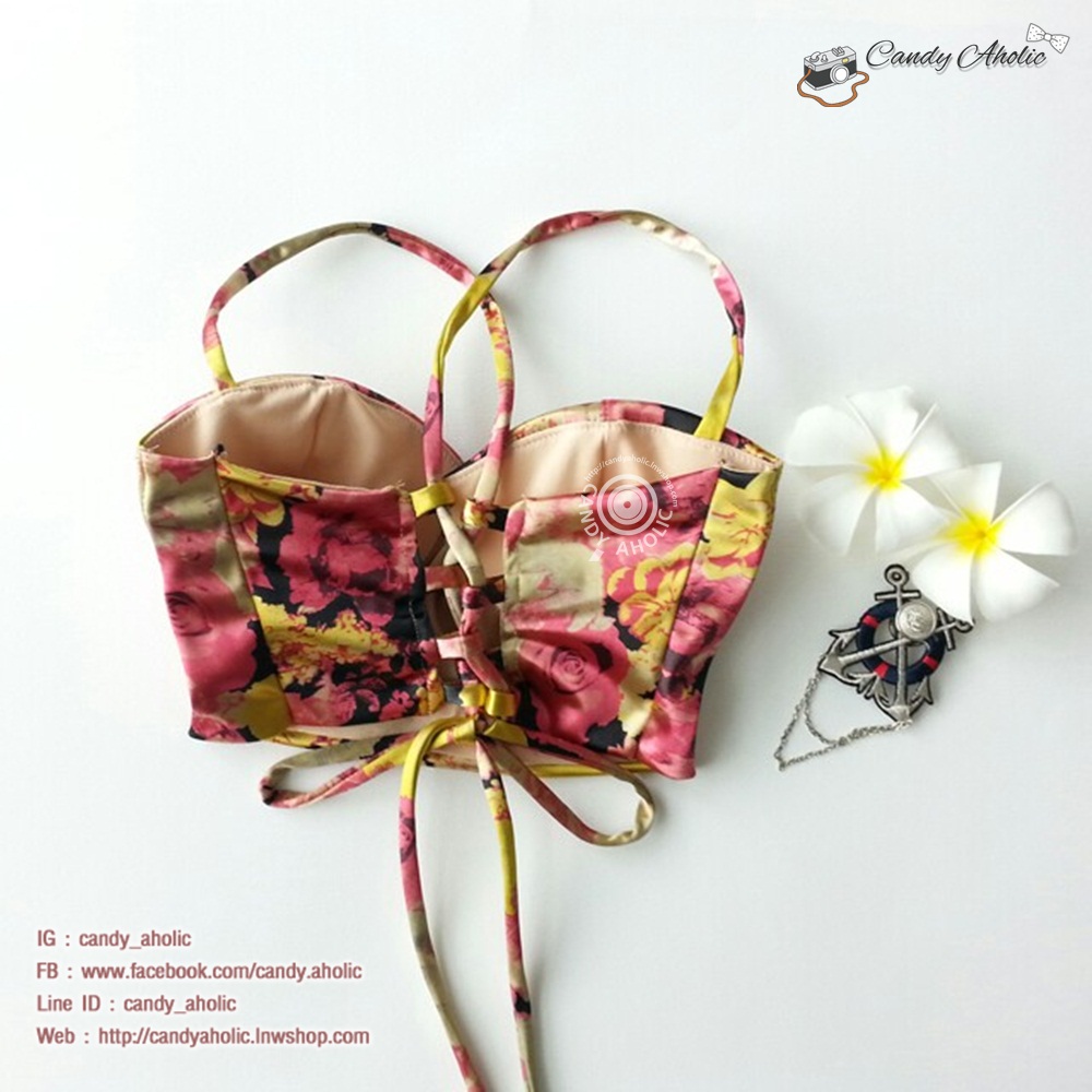 [Size S,M] ชุดว่ายน้ำทูพีช บราถักหลังลายดอกกุลาบแดง ผ้ามันเงา กางเกงเอวสูง