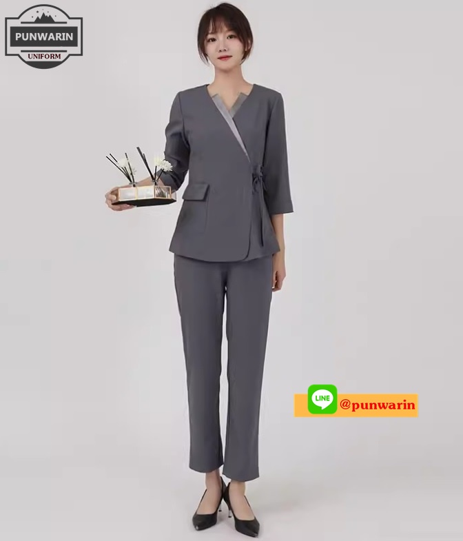 ชุดพนักงานนวดสปา ชุดพนักงานเสริมสวย ชุดทำงาน ชุดสูท แขนยาว เทา S-5XL S6701002 ชุด