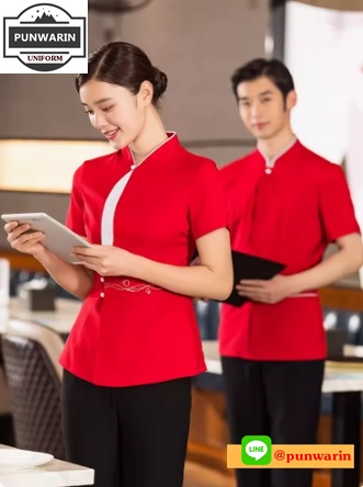 ชุดพนักงานร้านอาหารร้านกาแฟโรงแรมรีสอร์ต แขนสั้น น้ำเงิน แดง เขียวอ่อน L-4XL FC6701003 เสื้อ **ไม่มีขั้นต่ำ