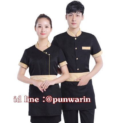 เสื้อฟอร์มพนักงานเครื่องแบบชุดฟอร์มพนักงานร้านอาหารกาแฟโรงแรม แขนสั้นผ้าฝ้ายกระดุมหน้า แดง ดำ ม่วง M-3XL F6211001 เสื้อ+ผ้ากันเปื้อน