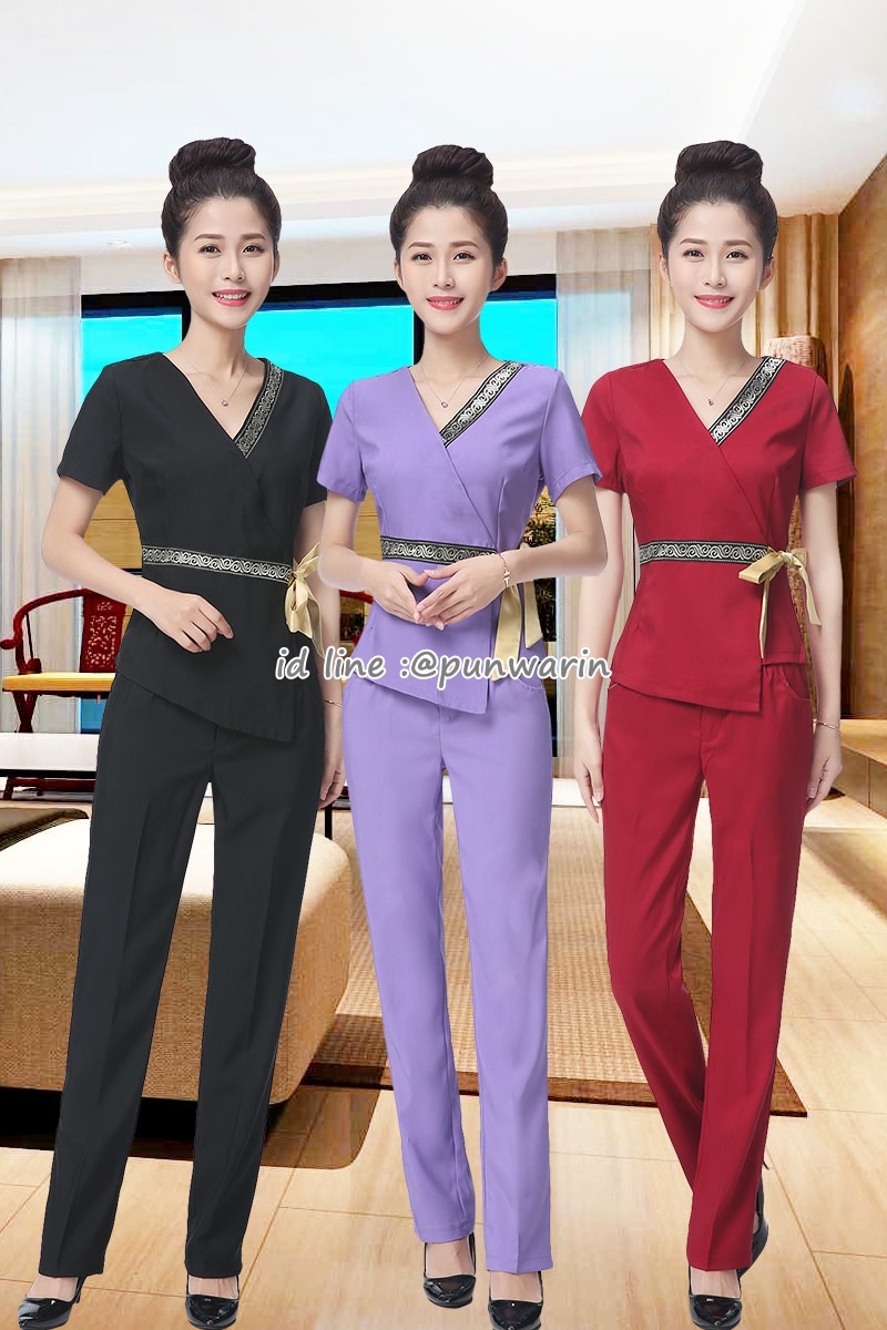 ชุดพนักงานนวดสปา ชุดพนักงานเสริมสวย ชุดทำงาน ชุดสูท แขนสั้น ม่วง ดำ แดง S-3XL S6102007 ชุด