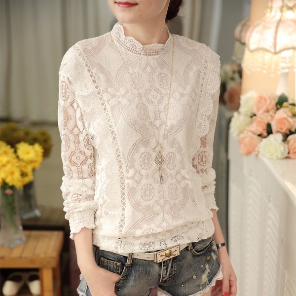 RP5911049 เสื้อลูกไม้เกาหลีสวยหวาน คอสูงแขนยาวฤดูใบไม้ร่วงและฤดูหนาว(พรีออเดอร์) RP5911049 ตัว