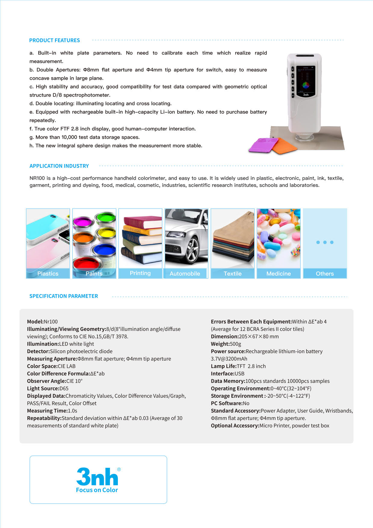 3nh รุ่นNR-110เครื่องวัดสีมีความละเอียดเเละเเม่นยำสูงบันทึกข้อมูลได้Precision Colorimeter/Aperture:Ø4mm,Geometry:8/d(Storage600～20,000)