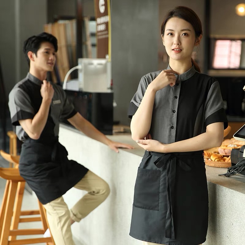 เสื้อฟอร์มพนักงานร้านอาหารกาแฟโรงแรม แขนสั้น เทา L-4XL FL6708001 เสื้อ* ขั้นต่ำ 2 ตัว