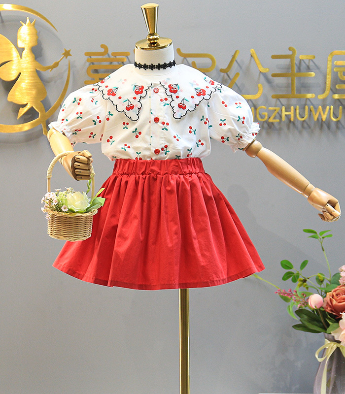 ชุดเซ็ตเสื้อเชิ้ตตลายเชอรี่+กระโปรงแดง
