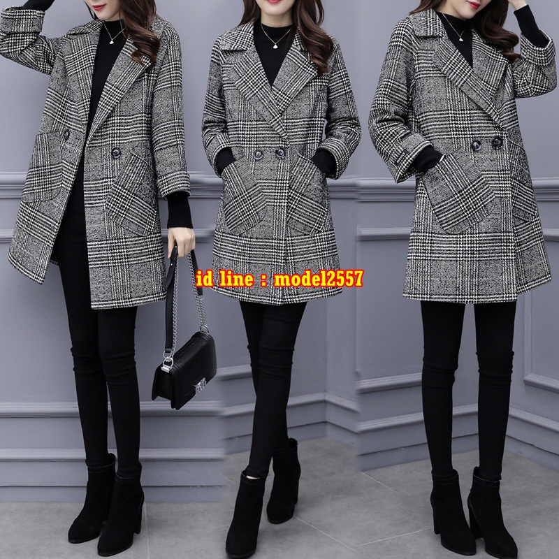 CW6110002 เสื้อโค้ทผ้าผสมขนสัตว์สีดำตัวยาวฤดูหนาว ดำ S M L XL 2XL 3XL CW6110002 ตัว
