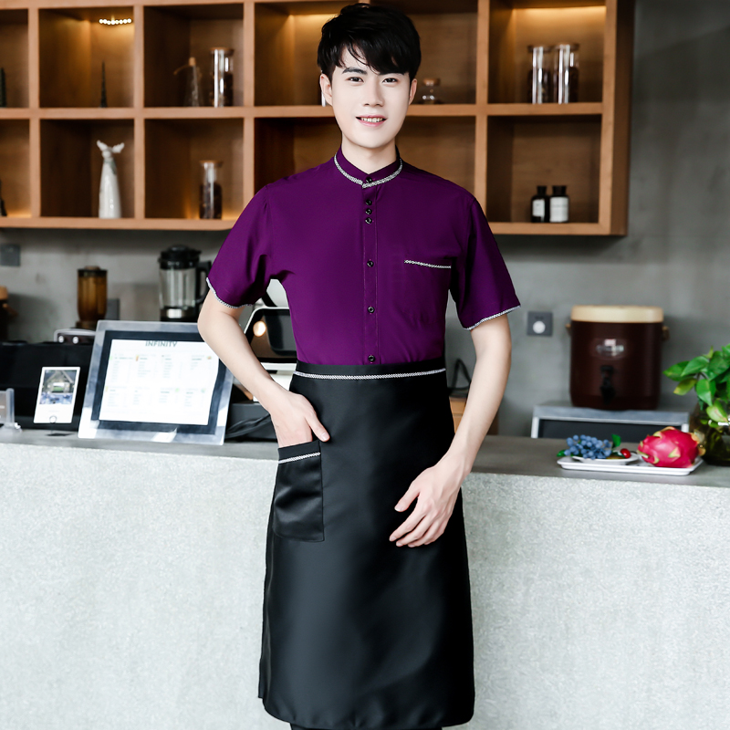 เสื้อฟอร์มพนักงานร้านอาหารกาแฟโรงแรม แขนสั้น แดง ม่วง ดำ L,XL,XXL,3XL F6301001 เสื้อ+กันเปื้อน