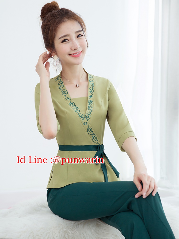ชุดพนักงานนวดสปา ชุดพนักงานเสริมสวย ชุดนวดแผนไทย เขียว S-3XL S6309003 ชุด