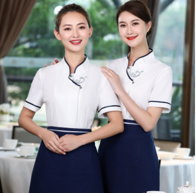 เสื้อฟอร์มพนักงานร้านอาหารกาแฟโรงแรม แขนสั้น ดำ ขาว แดง L-4XL F6705007 เสื้อ+กันเปื้อน ** ขั้นต่ำ 2 ตัว